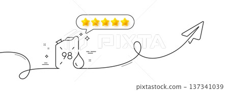 Petrol canister line icon. Continuous line with share plane. 98 petroleum fuel sign. E5 gasoline container symbol. Five star rate review in speech bubble. Petrol canister single line ribbon. Vector 137341039