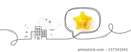 Buildings line icon. Continuous line with 3d star. City apartments sign. Architecture building symbol. 3d star in speech bubble. Buildings single line ribbon. Loop curve pattern. Vector 137341042
