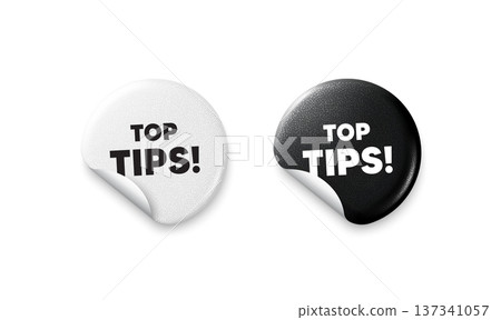 Top tips sticker tags. Glitter paper price badge. Top tips tag. Education faq sign. Best help assistance. Offer round sticker. Promo banner. Vector 137341057