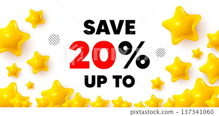 Discount winner banner with 3d stars. Golden stars banner. Save up to 20 percent tag. Discount Sale offer price sign. Special offer symbol. Review rate background. Vector 137341060