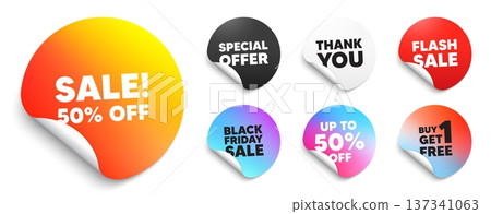 Sale sticker tag. Special offer paper price tags. Sale 50 percent off discount. Promotion price offer sign. Retail badge symbol. Discount, black friday sticker. Promo banner. Vector 137341063