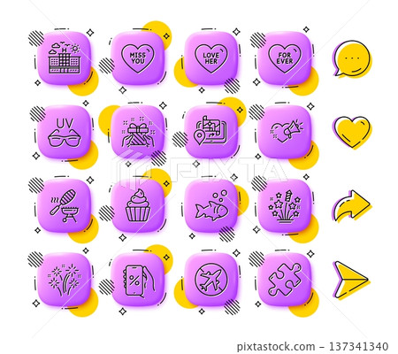 Love her, Miss you and Airplane mode line icons. App 3d buttons. Social media comment, share, like icons. Pack of Hotel, Sunglasses, Gps icon. Cupcake, Fish grill, Fish pictogram. Vector 137341340