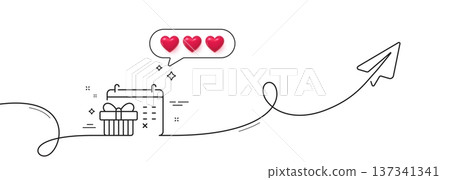 Christmas calendar line icon. Continuous line with share plane. New year presents day sign. Surprise symbol. Hearts rate review in speech bubble. Christmas calendar single line ribbon. Vector Christmas calendar line icon. Continuous line with share plane. New year presents day sign. Surprise symbol. Hearts rate review in speech bubble. Christmas calendar single line ribbon. Vector 137341341