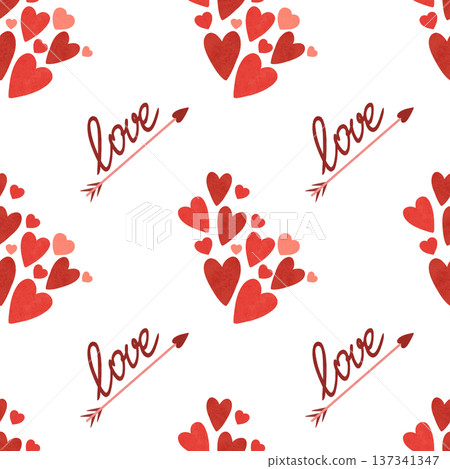 Seamless pattern. Red, scarlet hearts, an arrow, the inscription LOVE. Valentine's print in warm colors, in a simple flat style. Watercolor, pastel. A design element for printing, prints, wallpapers Seamless pattern. Red, scarlet hearts, an arrow, the inscription LOVE. Valentine's print in warm colors, in a simple flat style. Watercolor, pastel. A design element for printing, prints, wallpapers 137341347