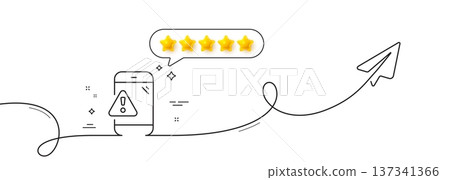 Warning message line icon. Continuous line with share plane. Phone alert sign. Caution app symbol. Five star rate review in speech bubble. Warning message single line ribbon. Vector 137341366