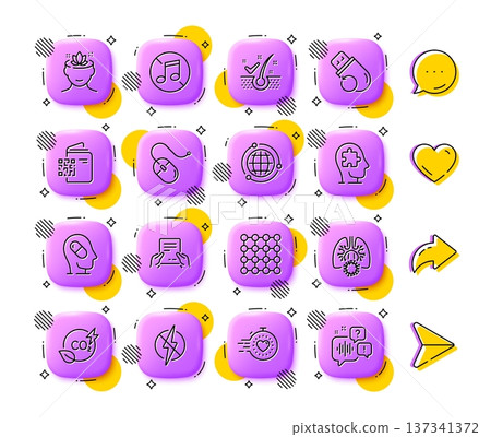 Flash memory, Timer and Anti-dandruff flakes line icons. App 3d buttons. Social media comment, share, like icons. Pack of Mental conundrum, Receive file, Antistatic icon. Vector 137341372