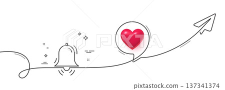 Clock bell line icon. Continuous line with share plane. Alarm sign. 3d heart in speech bubble. Clock bell single line ribbon. Loop curve pattern. Vector Clock bell line icon. Continuous line with share plane. Alarm sign. 3d heart in speech bubble. Clock bell single line ribbon. Loop curve pattern. Vector 137341374