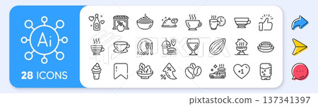 Food delivery, Wine glass and Market line icons. Interest rate, AI generate, Inflation icons. Pack of Cafe creme, Romantic dinner, Love champagne icon. Vector 137341397
