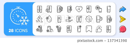 Fridge line icons. Interest rate, AI generate, Inflation icons. Refrigerator, freezer storage, smart fridge machine. Water with ice, cooler box, thermometer icons. Vector 137341398