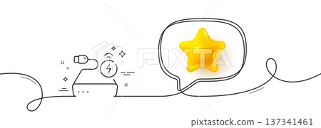 Power bank line icon. Continuous line with 3d star. Mobile accessories sign. Charge battery symbol. 3d star in speech bubble. Power bank single line ribbon. Loop curve pattern. Vector Power bank line icon. Continuous line with 3d star. Mobile accessories sign. Charge battery symbol. 3d star in speech bubble. Power bank single line ribbon. Loop curve pattern. Vector 137341461