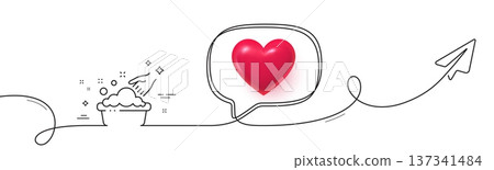 Hand washing line icon. Continuous line with share plane. Laundry service sign. Clothing cleaner symbol. 3d heart in speech bubble. Hand washing single line ribbon. Loop curve pattern. Vector Hand washing line icon. Continuous line with share plane. Laundry service sign. Clothing cleaner symbol. 3d heart in speech bubble. Hand washing single line ribbon. Loop curve pattern. Vector 137341484