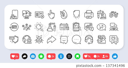 Calendar, Friends chat and Software bug line icons pack. Social media: share, comment, like icons. Consulting, Correct answer, Cursor web icon. Supply chain, Smile, Recovery file pictogram. Vector 137341496