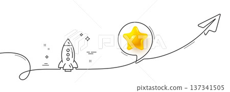 Rocket line icon. Continuous line with share plane. Spaceship transport sign. Aircraft symbol. 3d star in speech bubble. Rocket single line ribbon. Loop curve pattern. Vector Rocket line icon. Continuous line with share plane. Spaceship transport sign. Aircraft symbol. 3d star in speech bubble. Rocket single line ribbon. Loop curve pattern. Vector 137341505