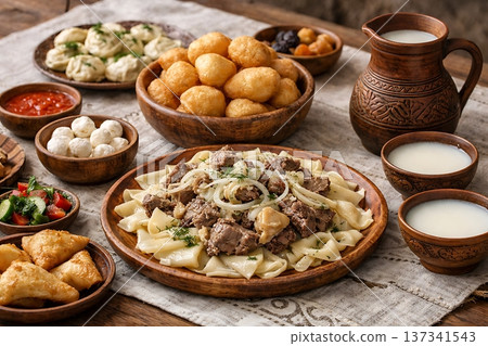 Traditional Kazakh dishes. Traditional cuisine in Kazakhstan. Nauryz holiday. Traditional Kazakh dishes. Traditional cuisine in Kazakhstan. Nauryz holiday. 137341543