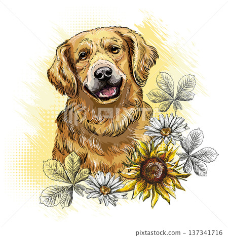 Golden Retriever dog in flowers hand drawn vector illustration Golden Retriever dog in flowers hand drawn vector illustration 137341716