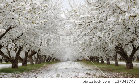 Symmetrical Path Through Blooming White Cherry Orchard 137341748