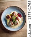 Traditional Swedish Meatballs with Mashed Potatoes and Lingonberry Jam 137341768