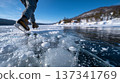Close Up of Ice Skates Gliding on Frozen Lake 137341769