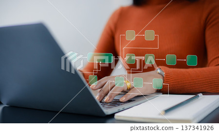 Businesswoman hands using laptop with virtual flowchart business process automation concept. Professional woman working on digital workflow management and system optimization. 137341926