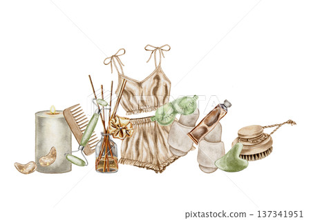 Beige women homewear set, candle, diffuser, roller, gua sha, cream and patch, watercolor illustration in spa lifestyle style. for cosmetic brand, pajama label, wellness center, packaging and decor. Beige women homewear set, candle, diffuser, roller, gua sha, cream and patch, watercolor illustration in spa lifestyle style. for cosmetic brand, pajama label, wellness center, packaging and decor. 137341951