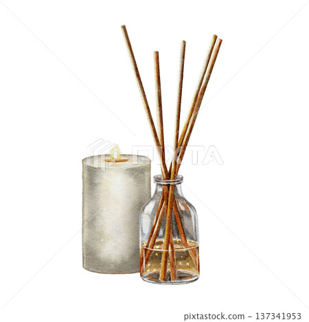 Candle and glass diffuser with aroma stick, watercolor illustration in minimalist spa style. Illustration for fragrance brand, cosmetic label, wellness center, packaging and interior decor. 137341953