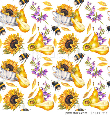 Seamless watercolor pattern with yellow pears, sunflowers in cups, bees, purple bellflowers, and yellow petals. Illustration for packaging, textiles, wallpaper, wrapping paper and eco product design. Seamless watercolor pattern with yellow pears, sunflowers in cups, bees, purple bellflowers, and yellow petals. Illustration for packaging, textiles, wallpaper, wrapping paper and eco product design. 137341954