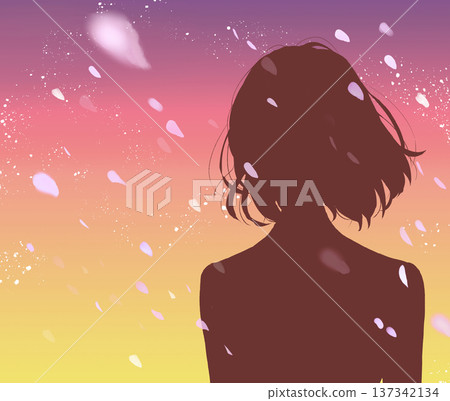 女學生,半身像,櫻花暴雪,日落,剪影 女學生,半身像,櫻花暴雪,日落,剪影 137342134