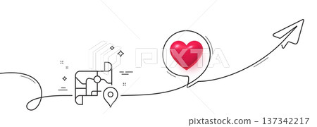Map line icon. Continuous line with share plane. Road trip sign. Journey route distance symbol. 3d heart in speech bubble. Map single line ribbon. Loop curve pattern. Vector 137342217