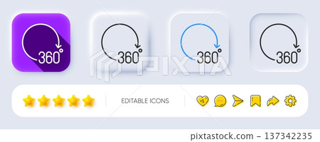 360 degrees line icon. Neumorphic, Flat shadow, 3d buttons. VR simulation sign. Panoramic view symbol. Line 360 degrees icon. Social media icons. Vector 137342235