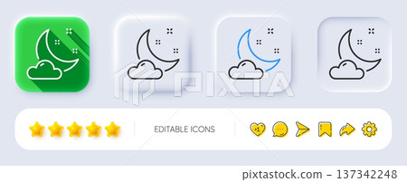 Night weather line icon. Neumorphic, Flat shadow, 3d buttons. Moon with cloud sign. Sleep symbol. Line night weather icon. Social media icons. Vector 137342248