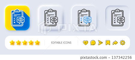 Eye checklist line icon. Neumorphic, Flat shadow, 3d buttons. Oculist clinic sign. Optometry vision check symbol. Line eye checklist icon. Social media icons. Vector 137342256