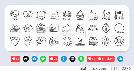 Smile, Ice cream and Father day line icons pack. Social media: share, comment, like icons. Elephant on ball, Sun protection, Sleep web icon. Stop fishing, Baggage, Piggy sale pictogram. Vector Smile, Ice cream and Father day line icons pack. Social media: share, comment, like icons. Elephant on ball, Sun protection, Sleep web icon. Stop fishing, Baggage, Piggy sale pictogram. Vector 137342270