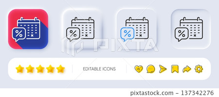 Discounts calendar line icon. Neumorphic, Flat shadow, 3d buttons. Sale offer sign. Promotion price symbol. Line discounts calendar icon. Social media icons. Vector 137342276
