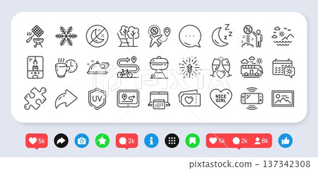 Love tickets, Deckchair and Game console line icons pack. Social media: share, comment, like icons. Grill, Travel calendar, Crane claw machine web icon. Photo, Nice girl, Snowflake pictogram. Vector 137342308