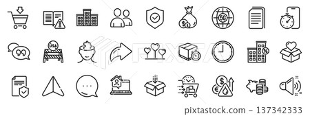 Usa close borders, Donation and Cash line icons pack. Share, Message, Paper plane icons. Mental conundrum, Fuel price, Loud sound web icon. Food delivery, Instruction manual, Time pictogram. Vector 137342333