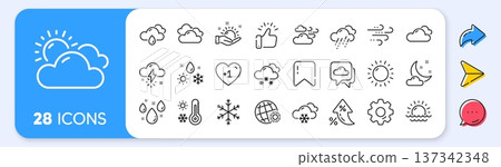 Weather and forecast line icons. Interest rate, AI generate, Inflation icons. Cloudy sky, winter snowflake, thermometer. Moon night, rain and sunset icons. Vector 137342348