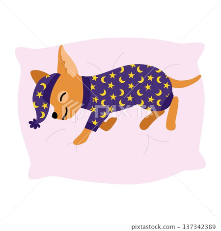 Chihuahua in star pajamas sleeping on pillow cartoon 137342389