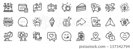 Puzzle, Yummy smile and Ice cream line icons pack. Share, Message, Paper plane icons. Sunscreen, Grill time, Smile chat web icon. Handbag size, Airplane travel, Locks pictogram. Vector 137342794