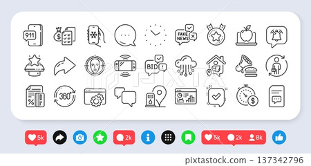Face detect, Cloud storage and Bid offer line icons pack. Social media: share, comment, like icons. Full rotation, Accounting wealth, Air conditioning web icon. Vector 137342796