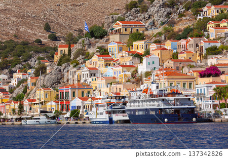 Symi harbor with colorful houses and boats Greece Symi harbor with colorful houses and boats Greece 137342826