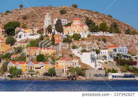 Symi harbor with colorful houses and boats Greece Symi harbor with colorful houses and boats Greece 137342827