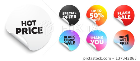 Hot price sticker tag. Special offer paper price tags. Hot Price tag. Special offer Sale sign. Advertising Discounts symbol. Discount, black friday sticker. Promo banner. Vector 137342863