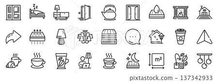 Dresser, Breathable mattress and Table lamp line icons pack. Share, Message, Paper plane icons. Teapot, Open door, Floor lamp web icon. Chandelier, Waterproof mattress, Coffee cup pictogram. Vector 137342933