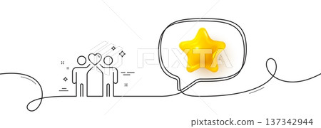 Friends couple line icon. Continuous line with 3d star. Friendship sign. Assistance business symbol. 3d star in speech bubble. Friends couple single line ribbon. Loop curve pattern. Vector Friends couple line icon. Continuous line with 3d star. Friendship sign. Assistance business symbol. 3d star in speech bubble. Friends couple single line ribbon. Loop curve pattern. Vector 137342944