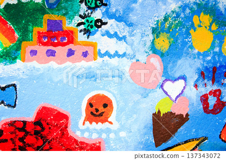 A playful mural with turtles, rainbow, jellyfish, building, ice cream cone, hearts, and handprints. A playful mural with turtles, rainbow, jellyfish, building, ice cream cone, hearts, and handprints. 137343072