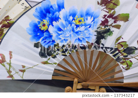 Blue peony watercolor on folding fan Blue peony watercolor on folding fan 137343217