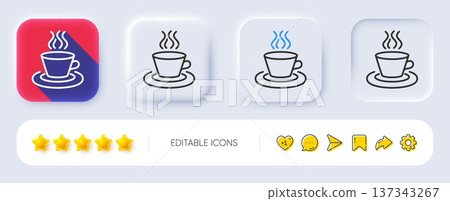 Tea or Coffee line icon. Neumorphic, Flat shadow, 3d buttons. Hot drink sign. Fresh beverage symbol. Line tea cup icon. Social media icons. Vector 137343267