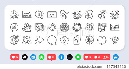 Organic tested, Deflation and Cable section line icons pack. Social media: share, comment, like icons. Update data, Financial diagram, Face attention web icon. Vector Organic tested, Deflation and Cable section line icons pack. Social media: share, comment, like icons. Update data, Financial diagram, Face attention web icon. Vector 137343310