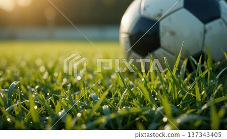 Soccer ball on center line of green field, top view 137343405