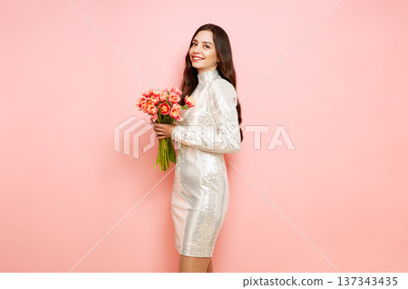 Happy beauty woman with pink tulip bouquet Happy beauty woman with pink tulip bouquet 137343435